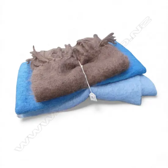 3 VINTAGE MOHAIR BLANKETS: BLUE & BROWN