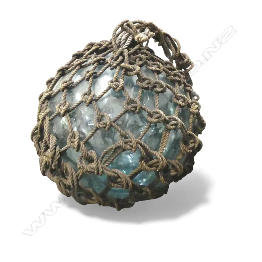 OLD GLASS FISHING FLOAT IN ROPE NETTING H.350mm Image 1++