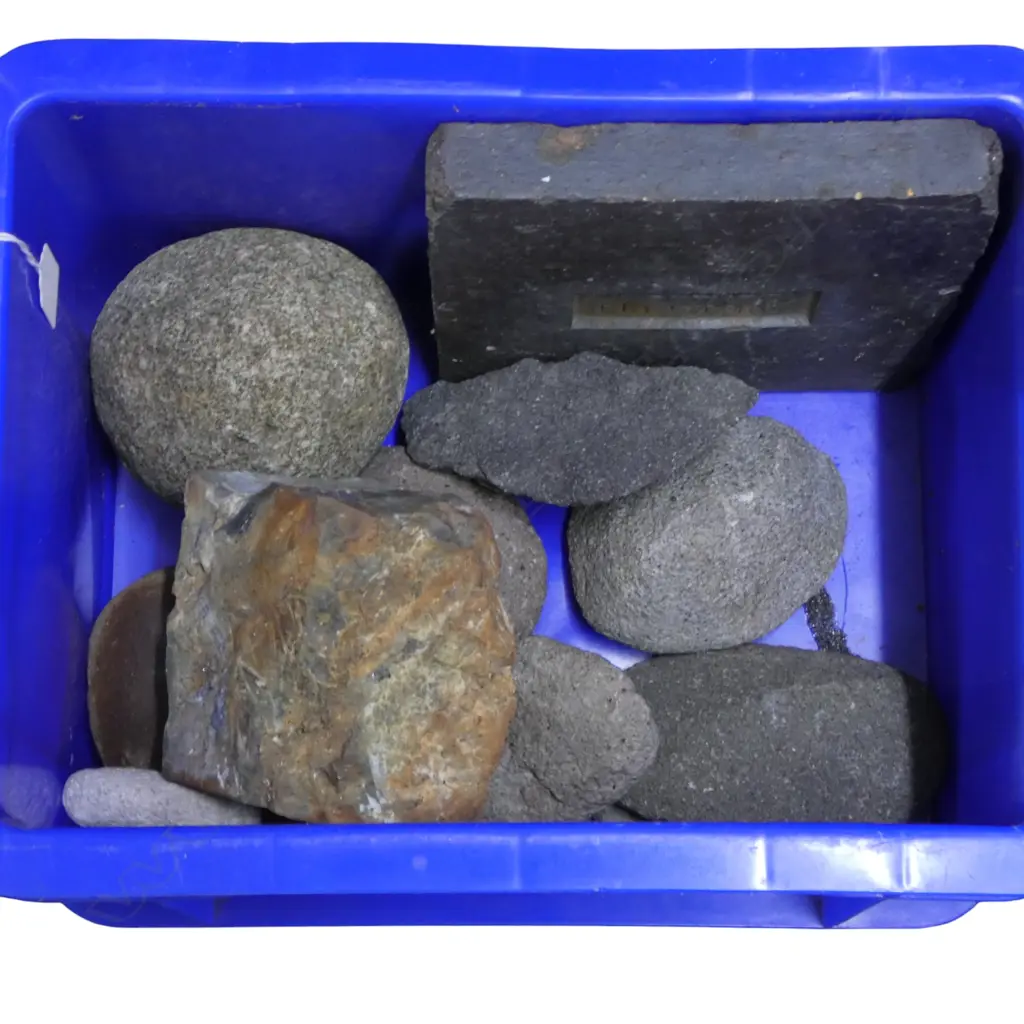 BOX OF ROCKS: includes ventifacts (wind sculpted) + river worn + pottery fired tile 'Callender Electric' etc Image 1++