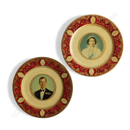 PR 1950S TIN PORTLAND WARE QEII CORONATION PLATES 255mm dia