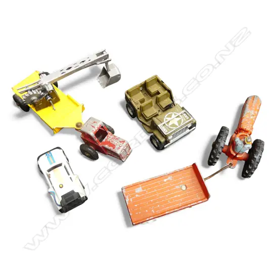 FUN HO! TRACTOR w. TRAILER + TRACTOR w. EXCAVATOR TRAILER (WHEEL MISSING) + 2 OTHERS