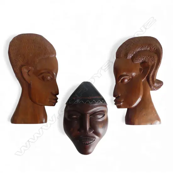 3 ETHNIC CARVED WOOD FIGURAL FACE MASKS H330 & 260MM
