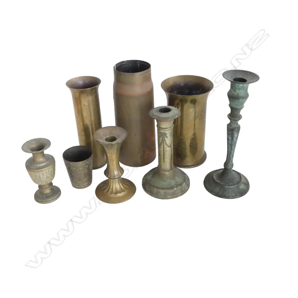 VINTAGE SHELL CASING VASES & 5 PCS BRASS & BRONZED METAL Image 1++