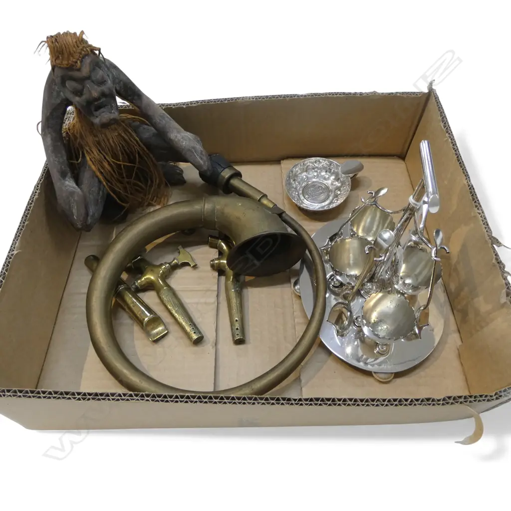 7 PCES; TRIBAL FIGURE, EP EGG STAND & TASTEVIN, HORN, WHISTLE & 2 TAPS Image 1++