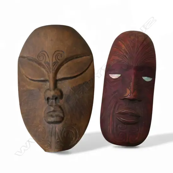2 CARVED MAORI MASKS, H.220mm