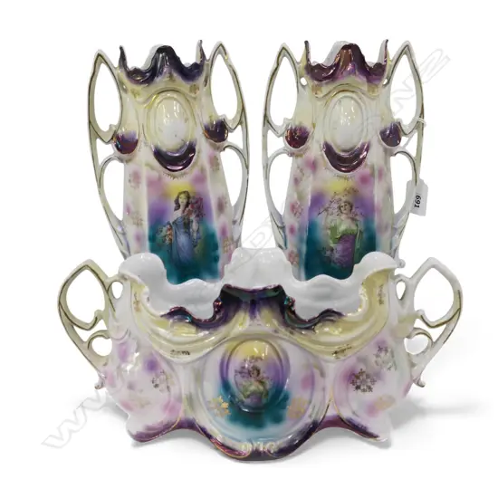 3 VICTORIAN PORCELAIN MANTEL VASES, H.275mm