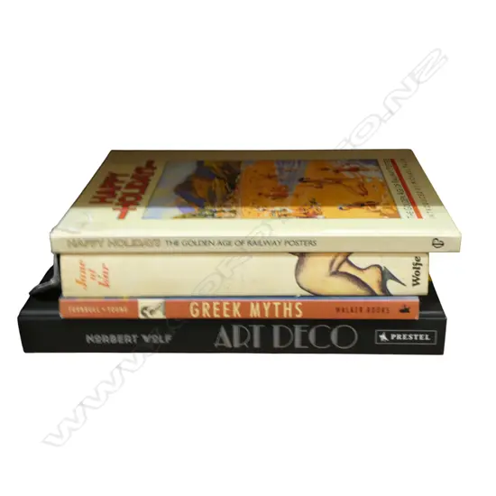4 REFERENCE BOOKS; ART DECO by NORBERT WOLF, GREEK MYTHS by ANN TURNBULL, JANE AT WAR + HAPPY HOLIDATS railway posters