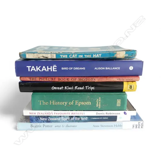 8 BOOKS; TAKAHE, BEATRIX POTTER, 1st ED. SEUSS CAT IN THE HAT (WORN), NZ ETC