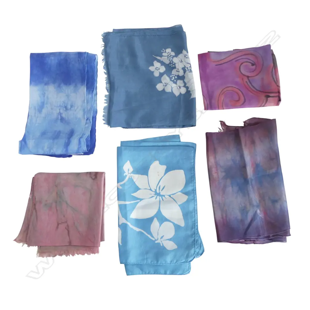 SIX ASSORTED NZ MADE SILK SCARVES Image 1++