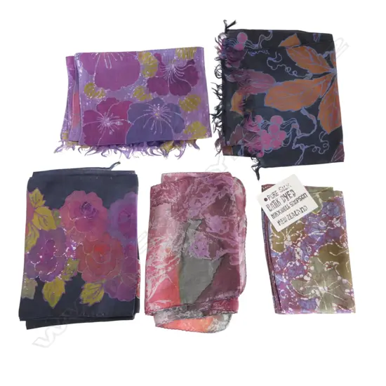 SIX ASSORTED NZ MADE SILK SCARVES