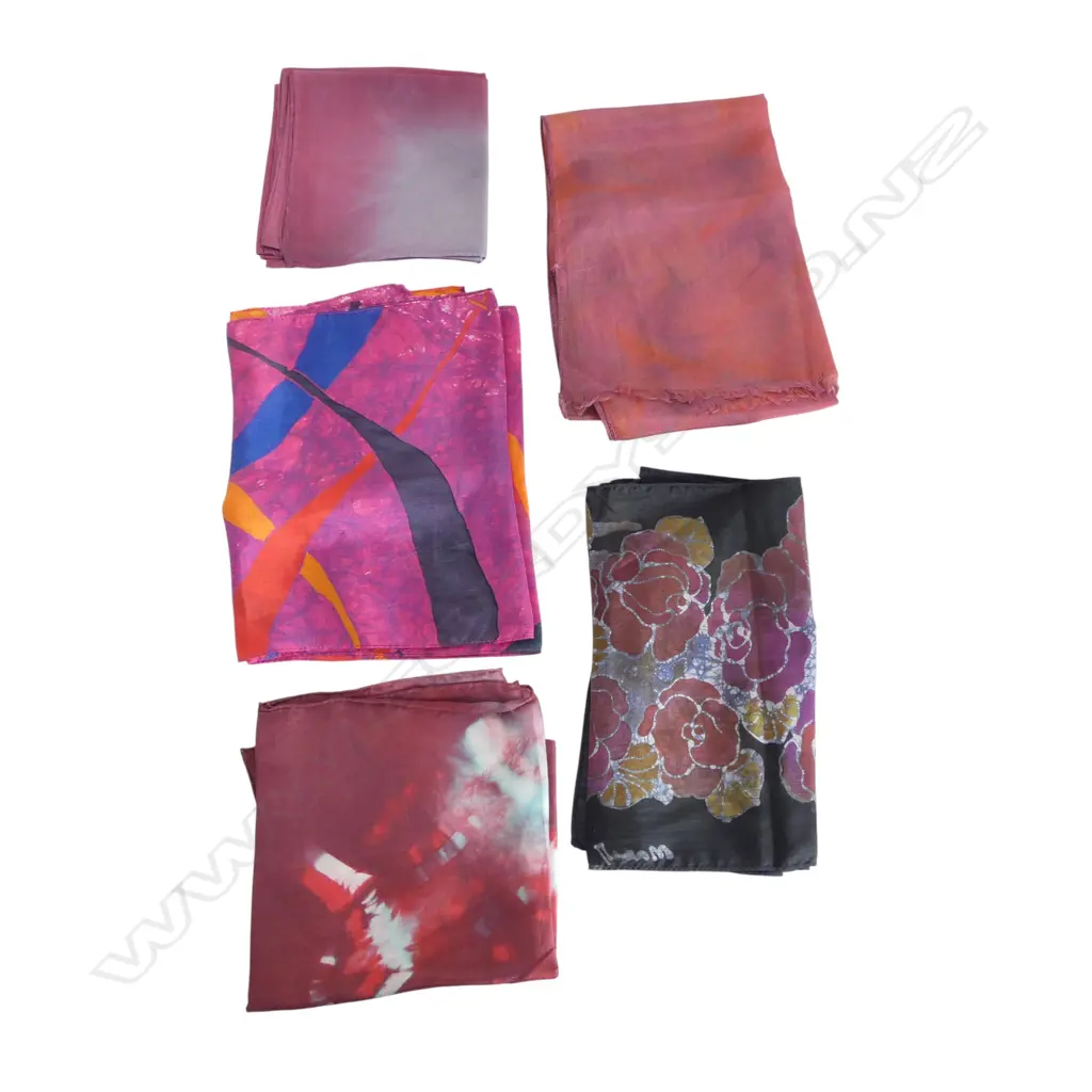 FIVE ASSORTED NZ MADE SILK SCARVES Image 1++