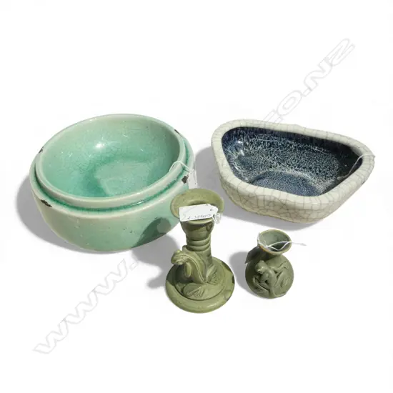 GROUP OF FOUR CERAMICS INCL FROG CANDLESTICK CELADON STYLE BOWL AND BLUE CRACKLE GLAZE BOWL