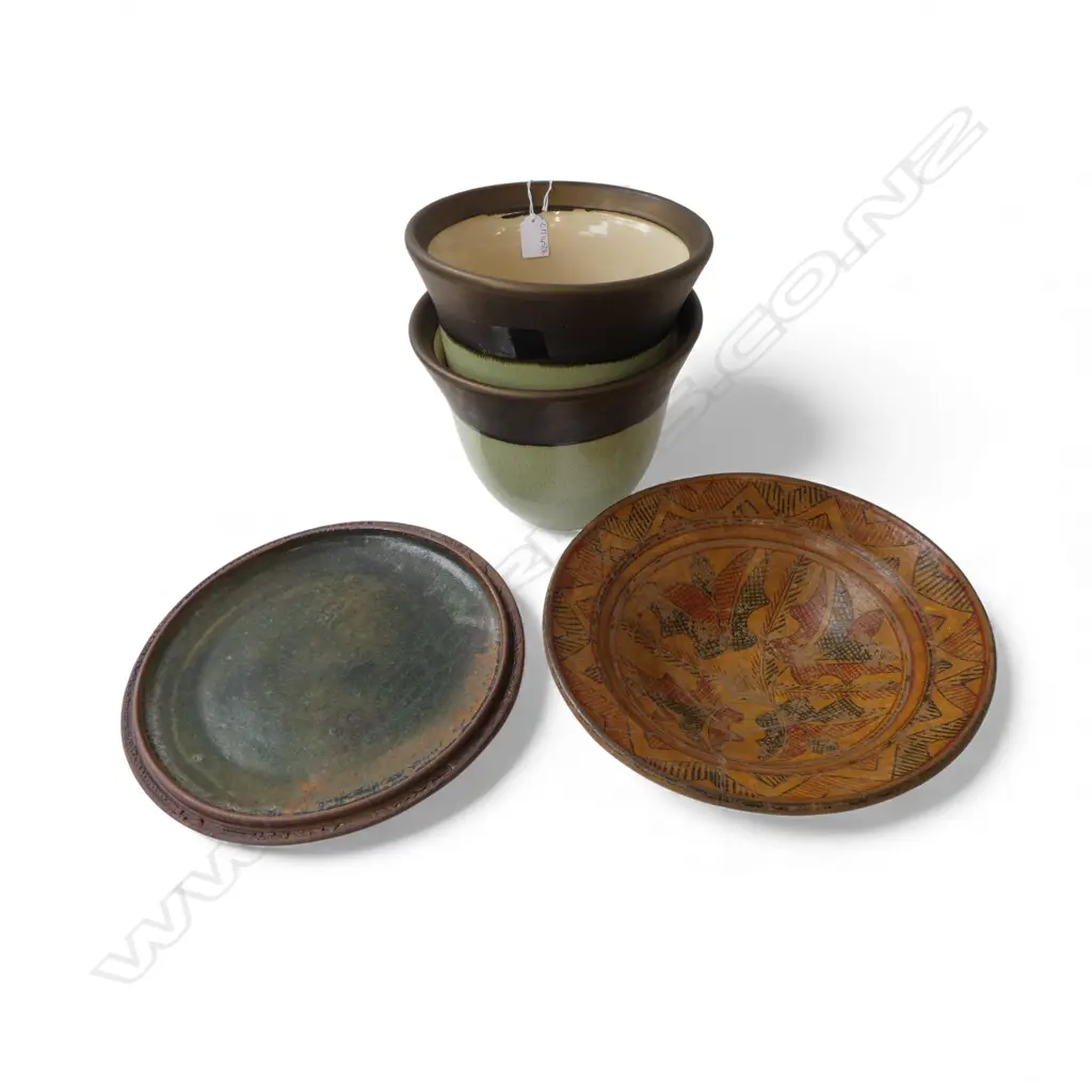 PR CRACKLE GLAZED POTS H.210mm, EARTHENWARE BOWL 315mm dia (REPAIRED), STUDIO POTTERY PLATE 325mm dia Image 1++