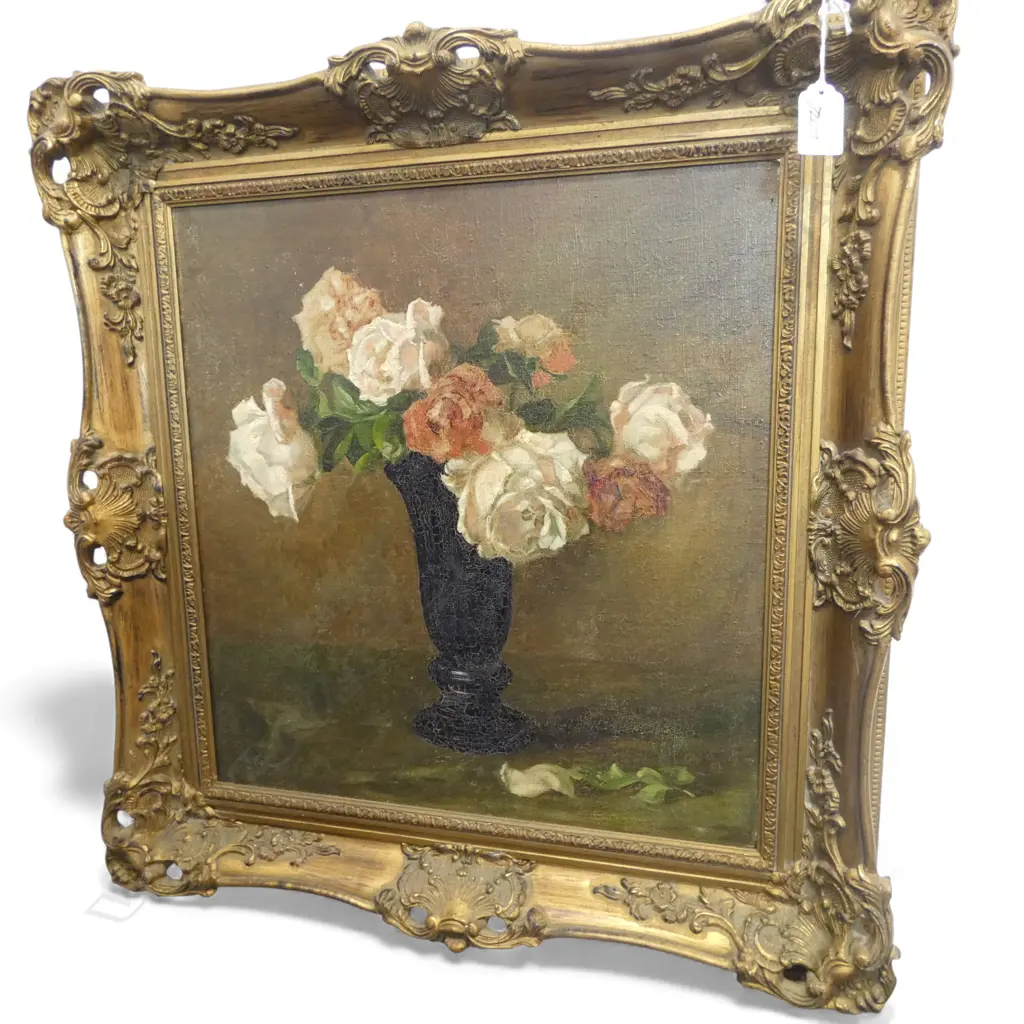 xLARGE GILT FRAMED FLORAL OIL ON CANVAS SIGNED, WITH CRAQUELURE  440x400mm & THEOPHILE STEINLEN PRINT 230x140mm Image 1++