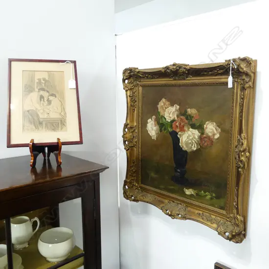 xLARGE GILT FRAMED FLORAL OIL ON CANVAS SIGNED, WITH CRAQUELURE  440x400mm & THEOPHILE STEINLEN PRINT 230x140mm