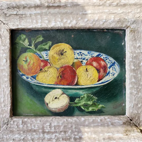 "STILL LIFE" PAINTING OF APPLES IN A BOWL - SIGNED 100 mm x 70 mm