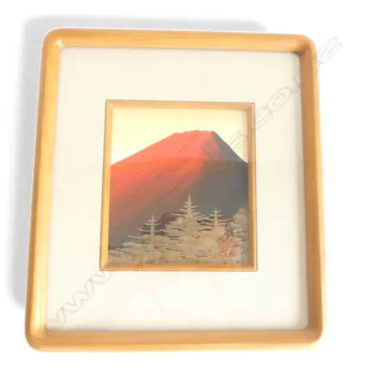 RED MT FUJI PAINTING w GOLDEN HIGHLIGHTS, 260 x 220mm framed