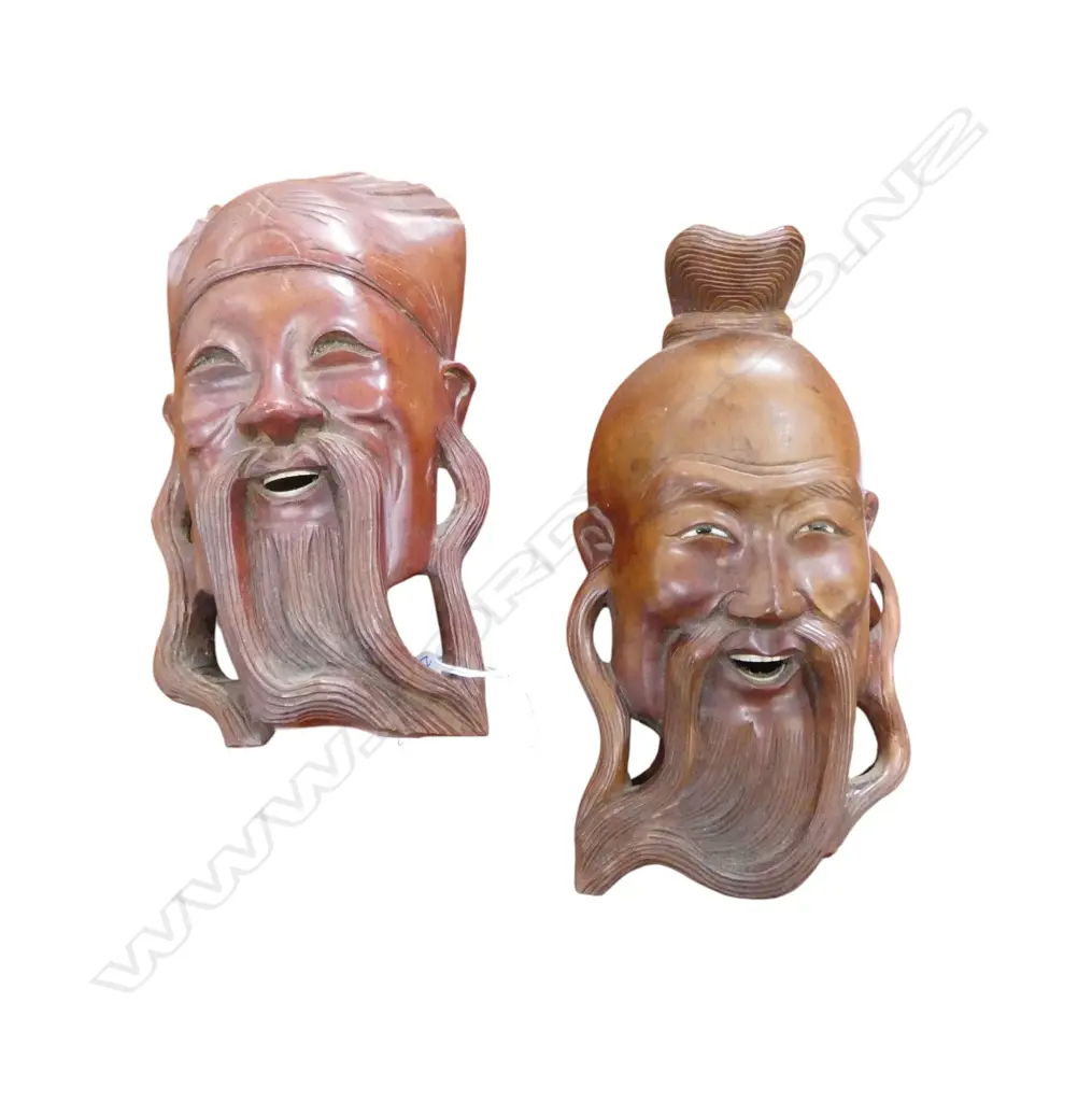 2 CARVED CHINESE MASKS H.220mm Image 1++