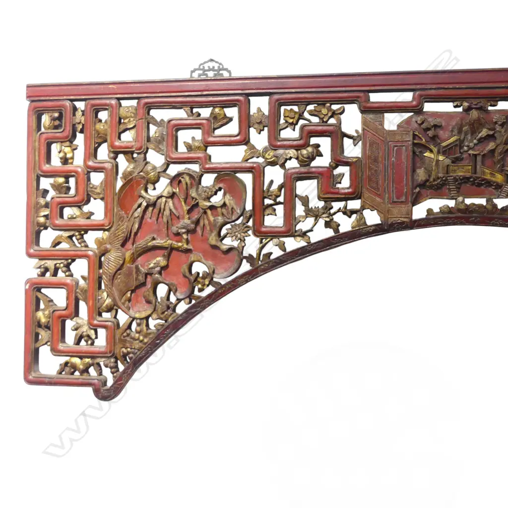 CHINESE RED & GILT HEADBOARD carved and pierced fauna & flora design Image 1++