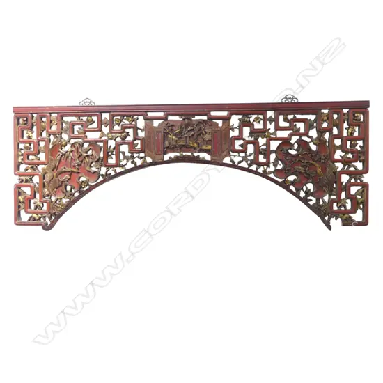 CHINESE RED & GILT HEADBOARD carved and pierced fauna & flora design