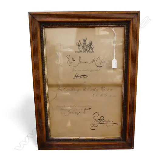 FRAMED ROYAL WARRANT 'MR. JAMES A. COOPER, HATTER, GOVT. HOUSE WELLINGTON 1893' 445x295mm
