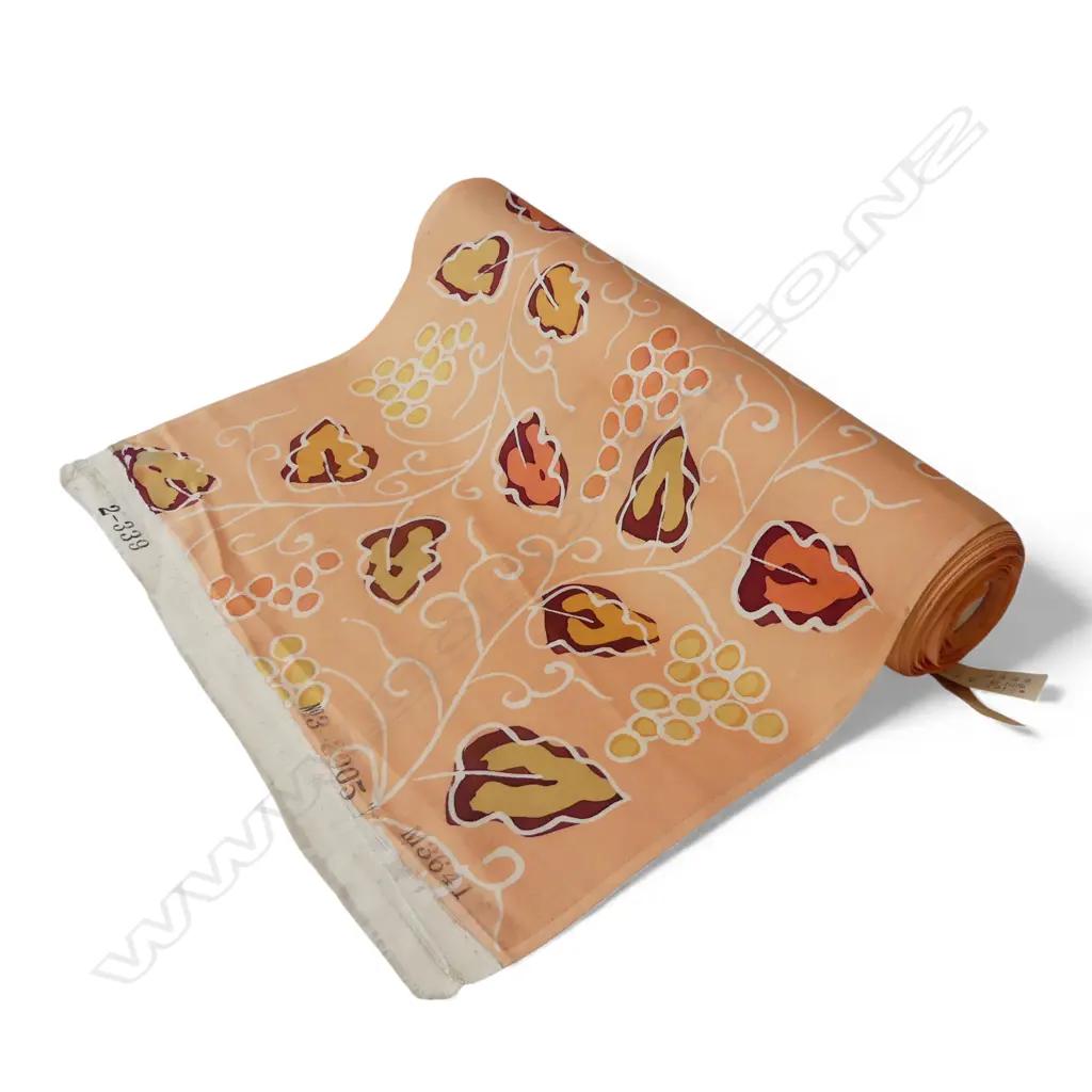 1980's NISHIJIN TEXTILE (Kyoto) JAPANESE ROLL OF PATTERNED SILK L.12m. W.360mm. New old stock apricot ground leaf &berry Image 1++