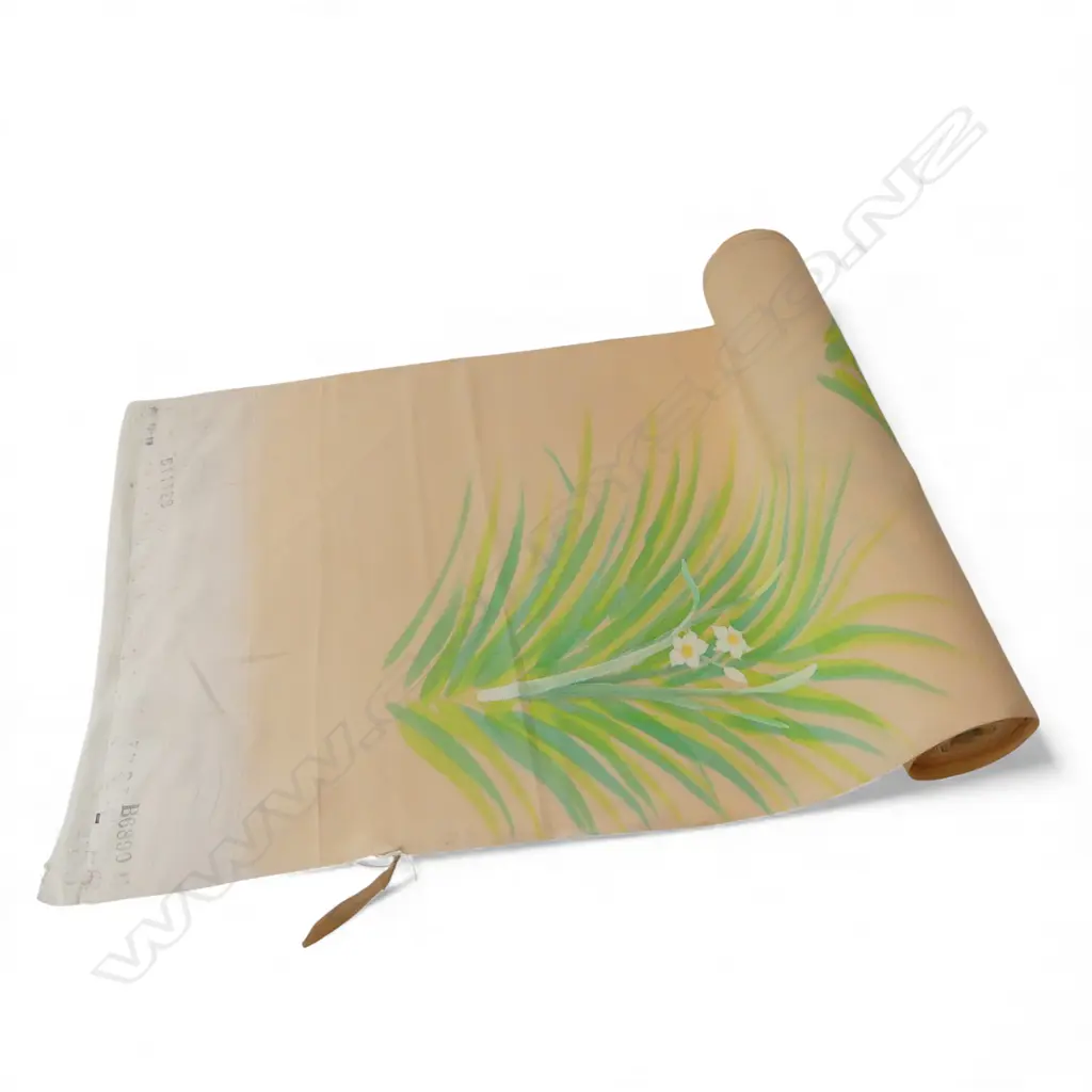 1980's NISHIJIN TEXTILE (Kyoto) JAPANESE ROLL OF PATTERNED SILK L.12m. W.360mm. New old stock soft apricot + palm Image 1++