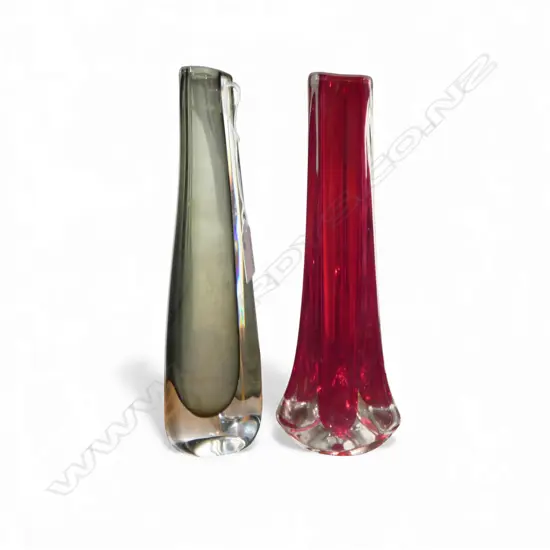 2 ART GLASS VASES; RED & GREY (ORREFORS, SIGNED & STICKER) H.230mm