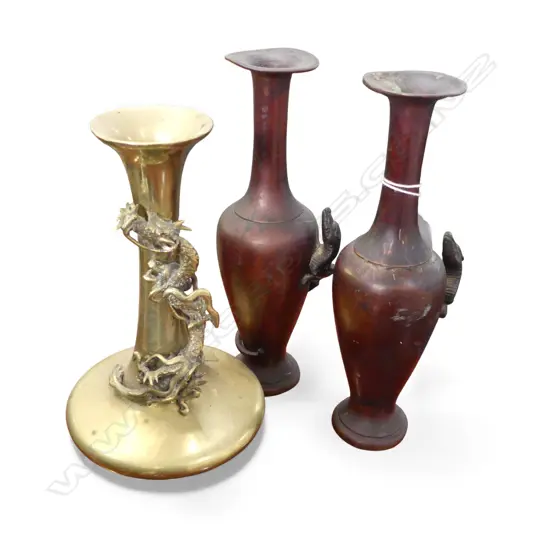 3 ORIENTAL METAL VASES w. APPLIED DRAGONS; PR + 1 H.230mm