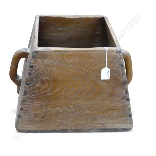 OLD CHINESE WOODEN RICE ? CONTAINER panelled tapered sides. With handles. H.260mm