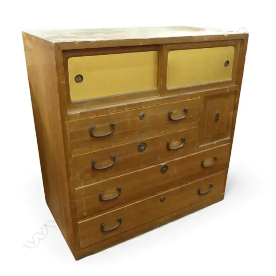 Vintage small Japanese collector's chest early 20thC 3 drawer + 2 door H.650mm