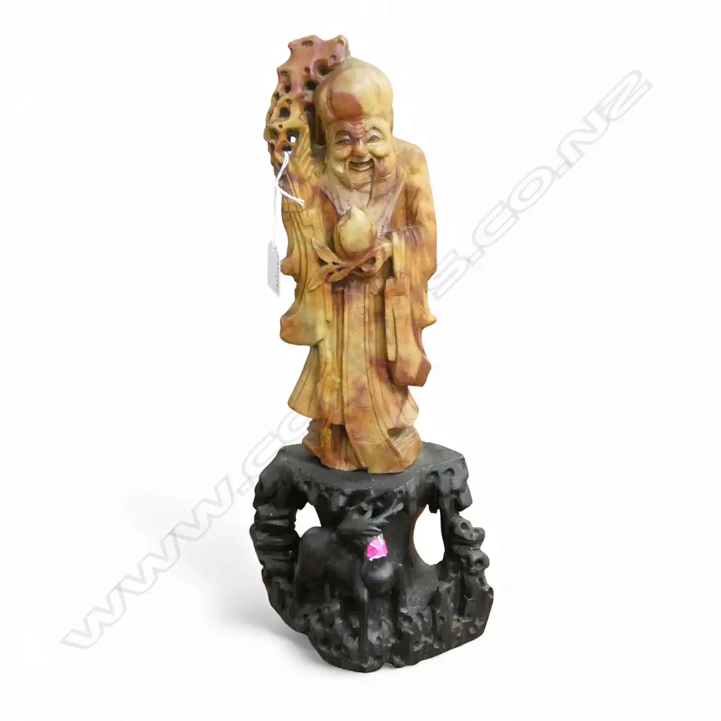 ANTIQUE CHINESE CARVED SOAPSTONE FIGURE SHOU LAO ON SOAPSTONE BASE H430MM Image 1++