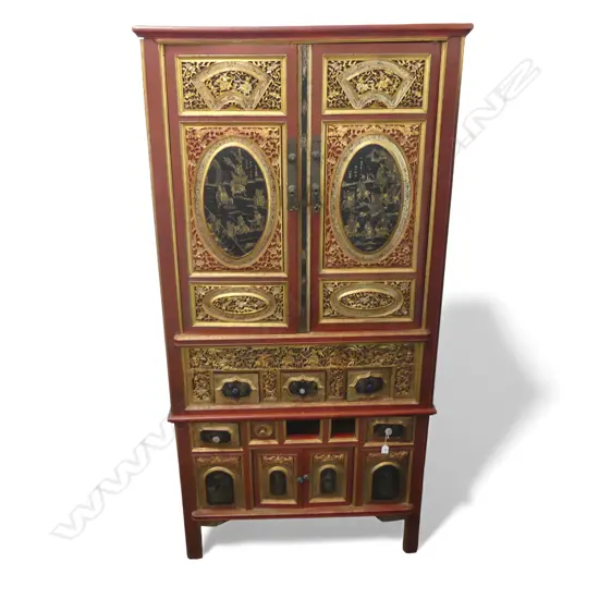 ORNATE CHINESE RED & GOLD CABINET carved and pierced panels w. painted floral and hunting scenes 950x500x1940mm