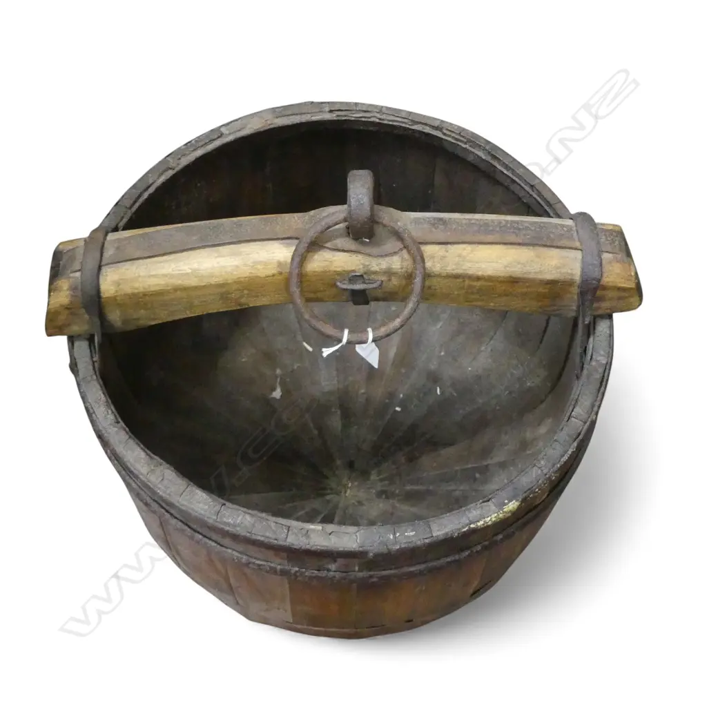 LGE OLD CHINESE COOPERED STORAGE CONTAINER with overhead handle with iron ring on stand base H.600mm Image 1++