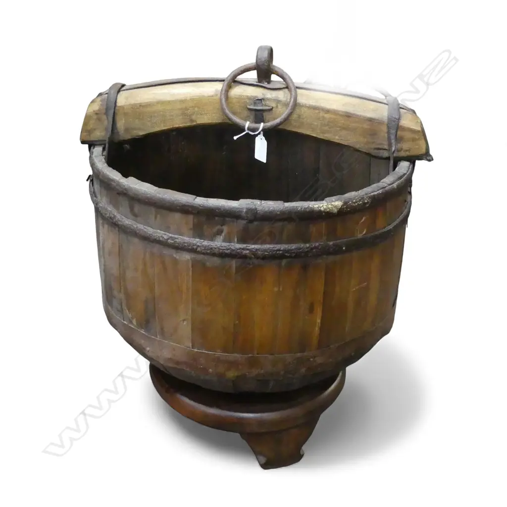 LGE OLD CHINESE COOPERED STORAGE CONTAINER with overhead handle with iron ring on stand base H.600mm Image 1++