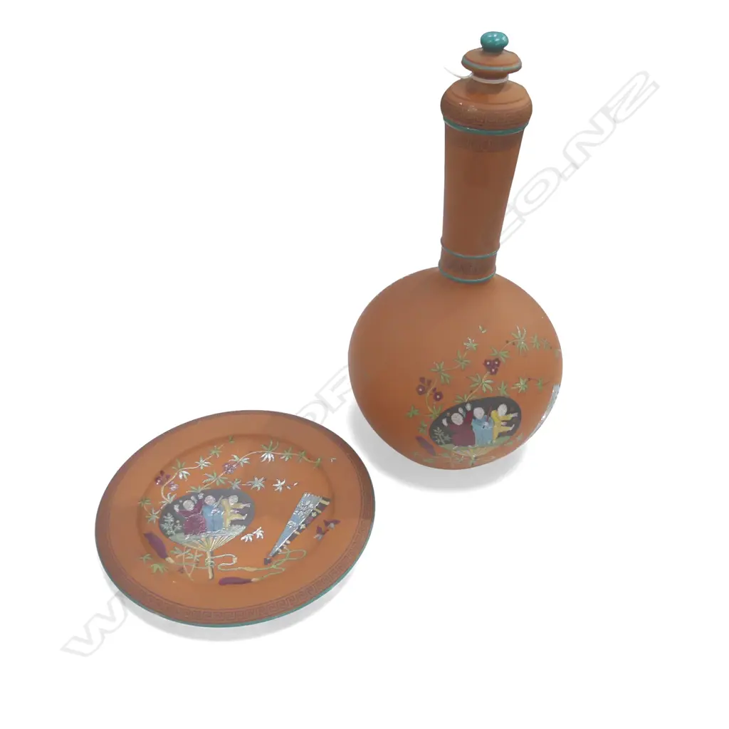 LATE 19thC CERAMIC LIDDED BOTTLE VASE H.300mm & MATCHING PLATE Image 1++