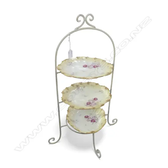 VINTAGE PLATE STAND w. 3 PCES FRENCH CHINA H.630mm