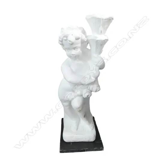 WHITE PAINTED CONCRETE GARDEN STATUE: GIRL WITH CORNUCOPIA H.680mm