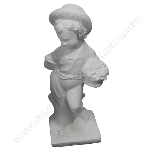 WHITE PAINTED CONCRETE GARDEN STATUE: BOY WITH FLOWERS H.680mm