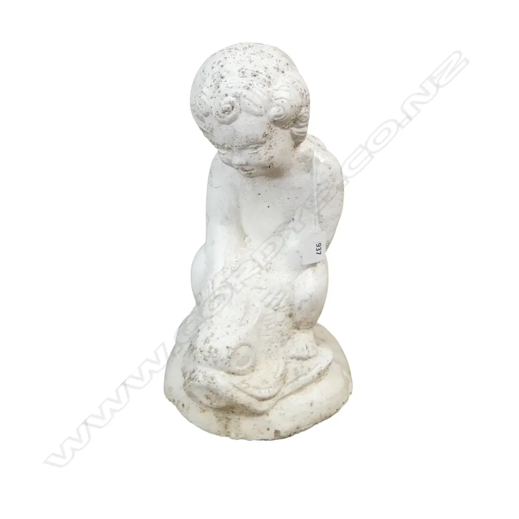 WHITE PAINTED CONCRETE small GARDEN STATUE: CHILD ON DOLPHIN FISH H.380mm  Image 1++