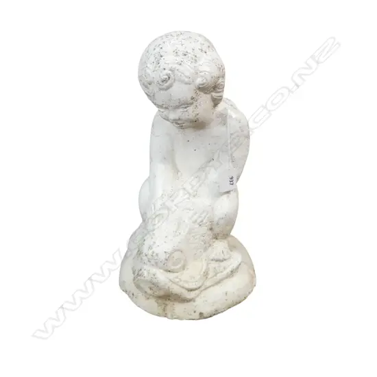 WHITE PAINTED CONCRETE small GARDEN STATUE: CHILD ON DOLPHIN FISH H.380mm 