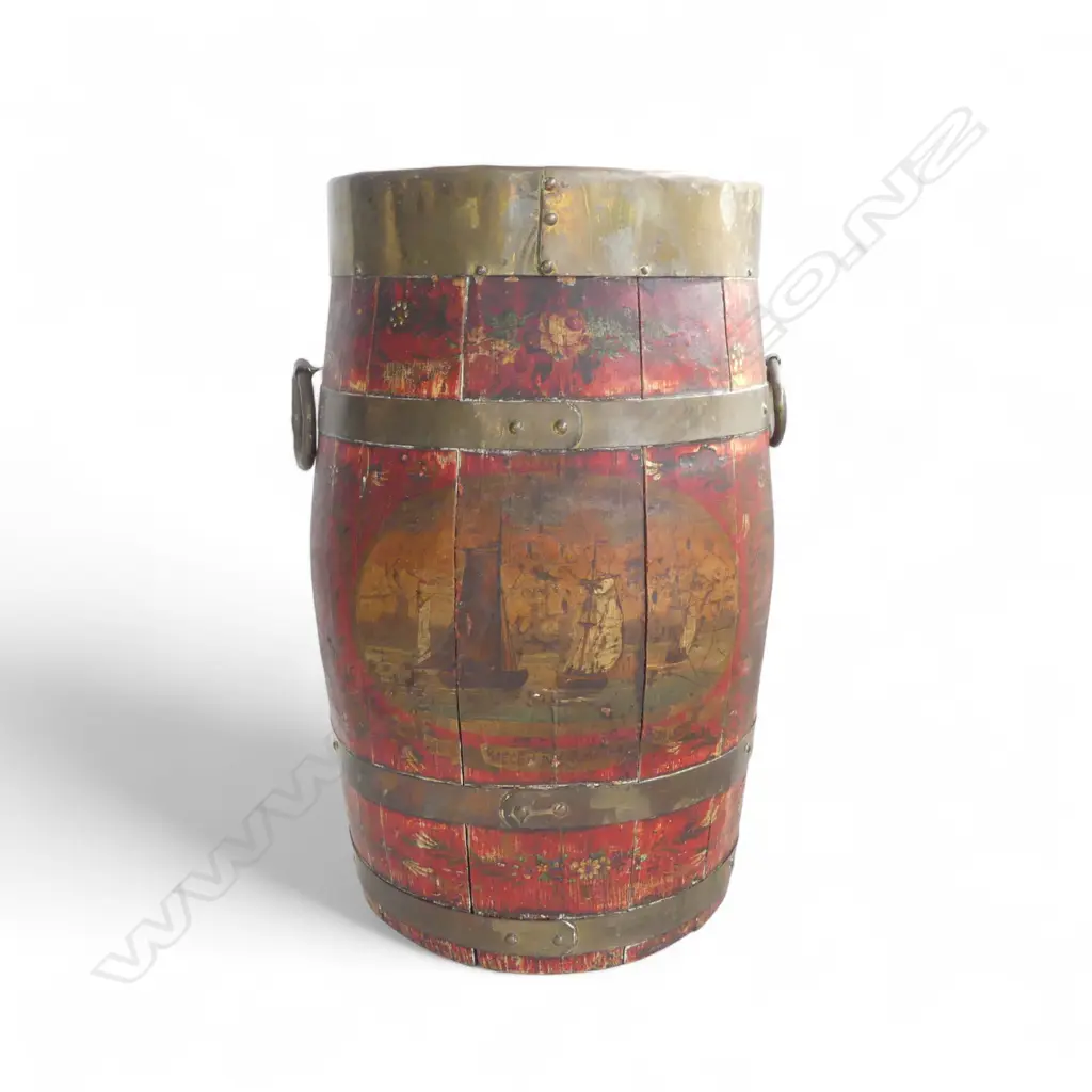 19thC EUROPEAN PAINTED OAK BARREL farm scene W BRASS BANDS & handles H.370mm Image 1++
