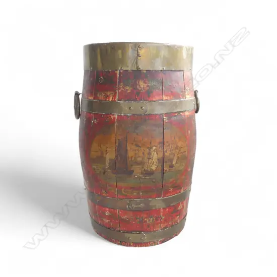 19thC EUROPEAN PAINTED OAK BARREL farm scene W BRASS BANDS & handles H.370mm