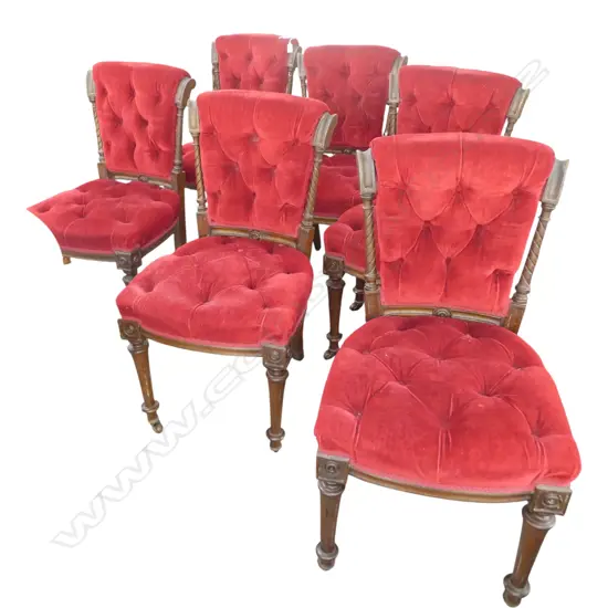 6 VICTORIAN RED VELVET BUTTON BACK DINING CHAIRS; 1 w. back column split