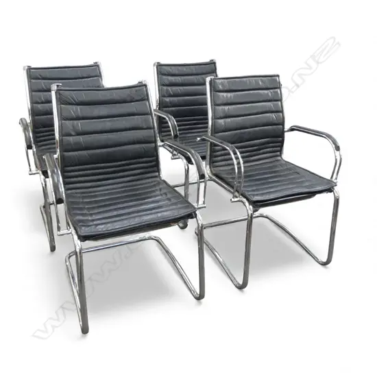 4 MODERN CHROME AND BLACK LEATHER DINING CHAIRS