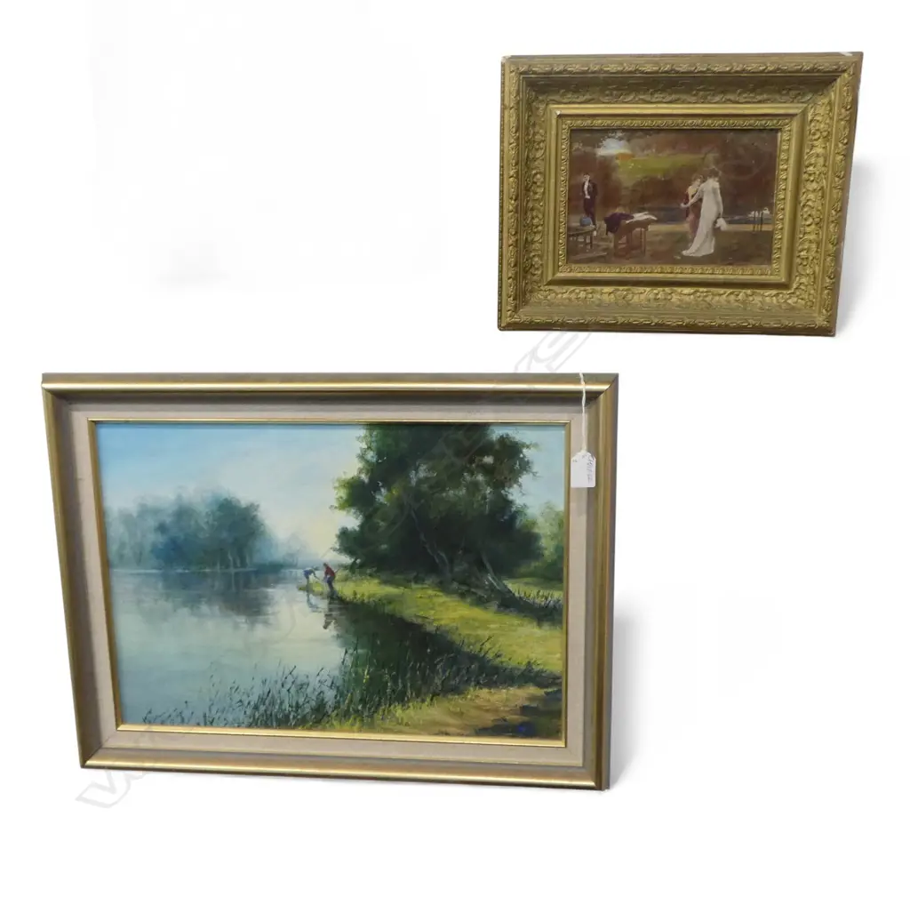 L. WATSON, RIVER SCENE, OIL ON BOARD 345x495mm + ANTIQUE FRAMED PRINT 125x195mm Image 1++