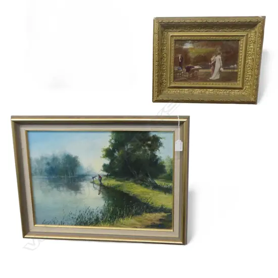 L. WATSON, RIVER SCENE, OIL ON BOARD 345x495mm + ANTIQUE FRAMED PRINT 125x195mm