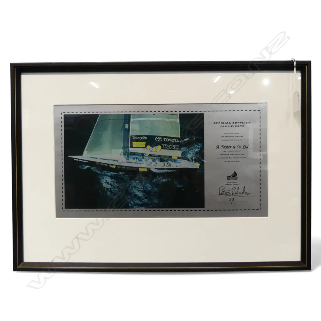 FRAMED 'OFFICIAL SUPPLIER CERTIFICATE' TO A. FOSTER & CO SIGNED by SIR PETER BLAKE No.33, 200x380mm Image 1++