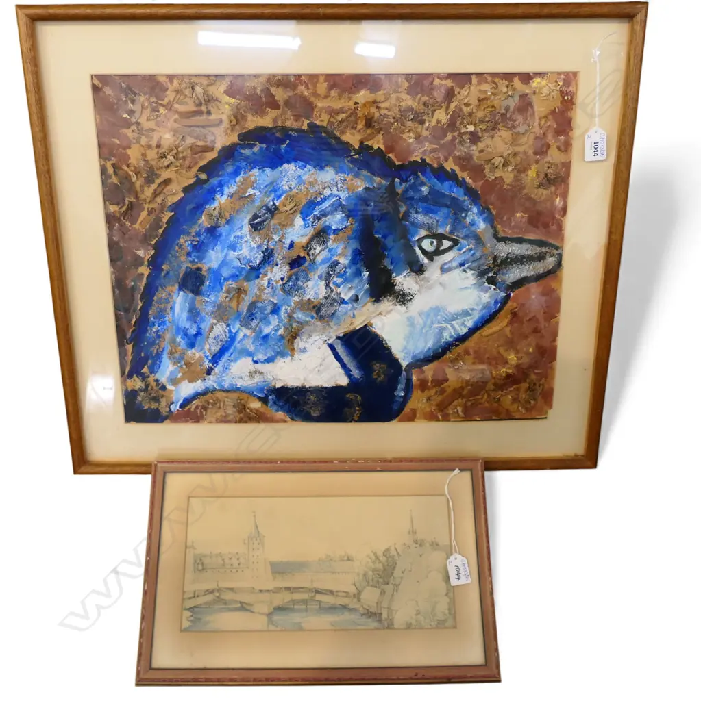 2 ARTWORKS; DURER COVERED FOOTBRIDGE PRINT 155x320mm, BLUE PENGUIN MIXED MEDIA 415x540mm Image 1++