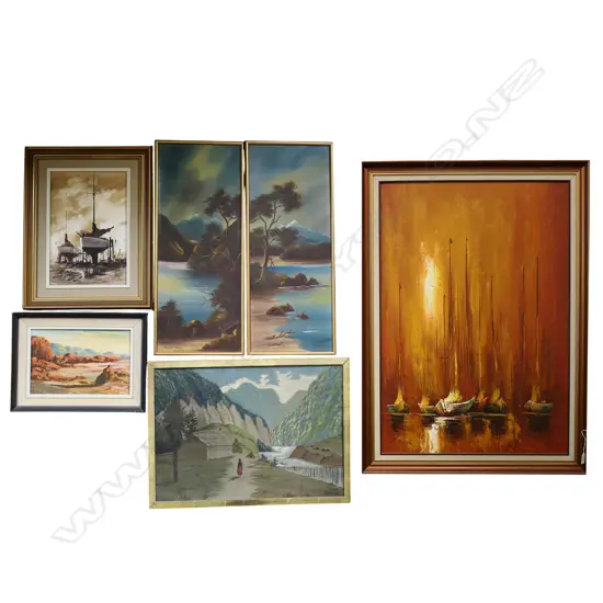 GROUP OF 6 FRAMED OIL PAINTINGS INCL BRIAN BAXTER BOAT 345 X 235mm  COLONIAL LANDSCAPES AND CHINESE BOATS